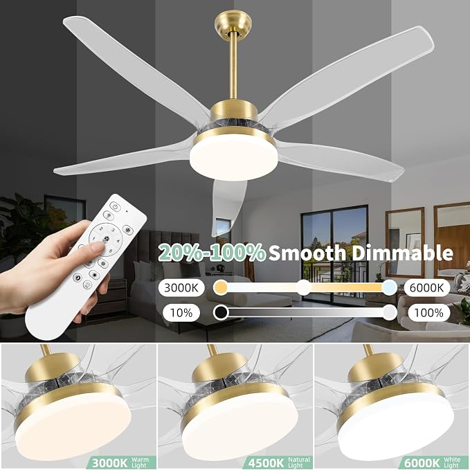 Smart Ceiling Fans with Light and Remote, Voice Control via WiFi Alexa App, 58 Inch Modern Clear Blades Gold Alexa Ceiling