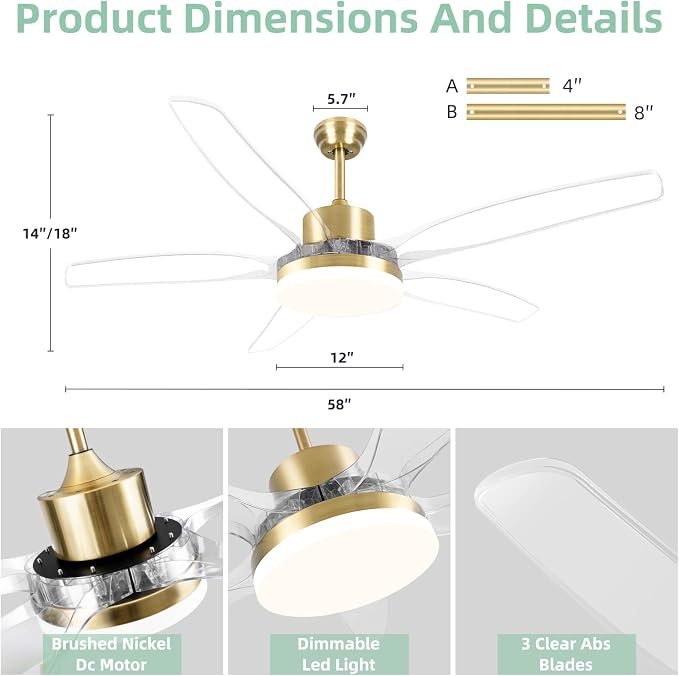 Smart Ceiling Fans with Light and Remote, Voice Control via WiFi Alexa App, 58 Inch Modern Clear Blades Gold Alexa Ceiling