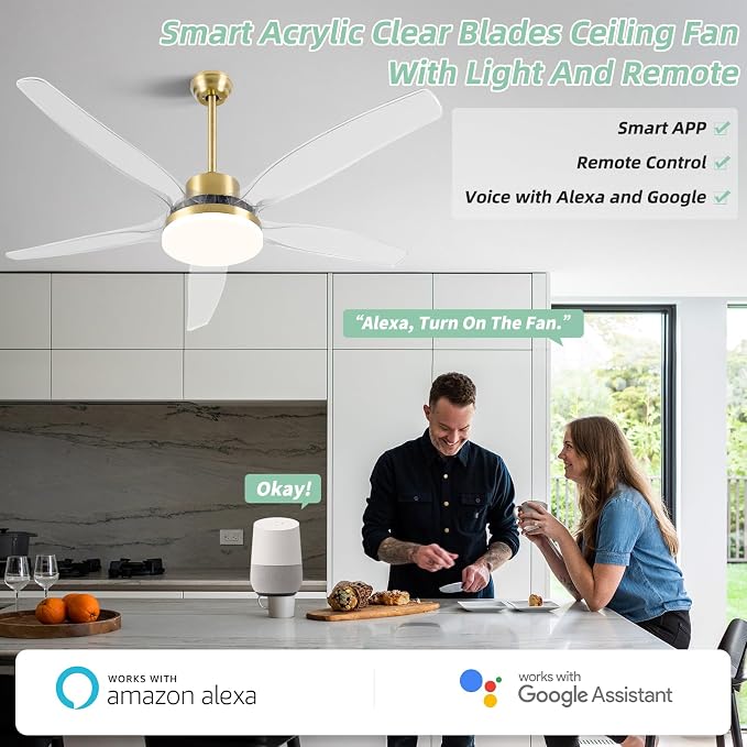 Smart Ceiling Fans with Light and Remote, Voice Control via WiFi Alexa App, 58 Inch Modern Clear Blades Gold Alexa Ceiling