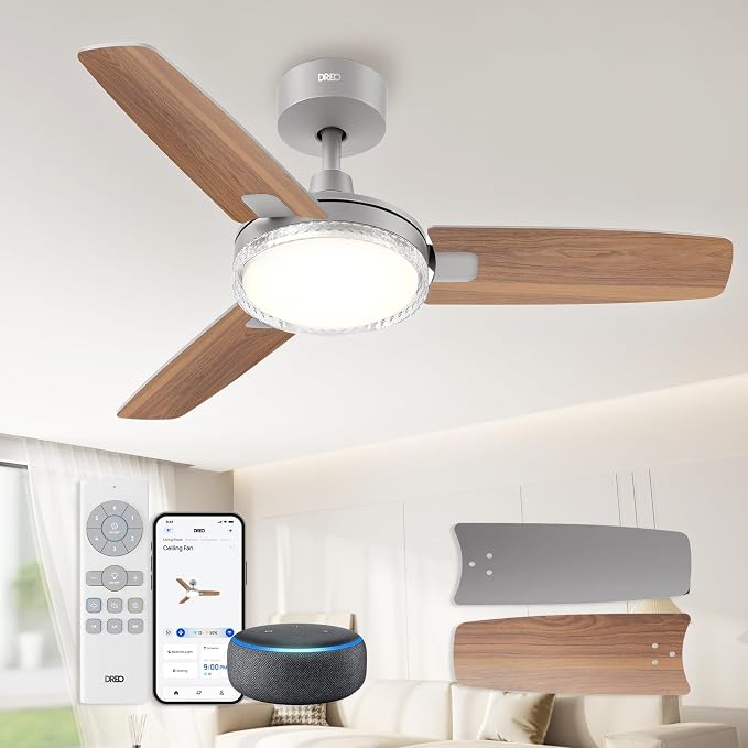 Smart Ceiling Fans with Lights, 42 Inch Grey Ceiling Fan, 12 Speeds & 3 Fan Modes, Stepless Color Tones, Dimmable LED Light
