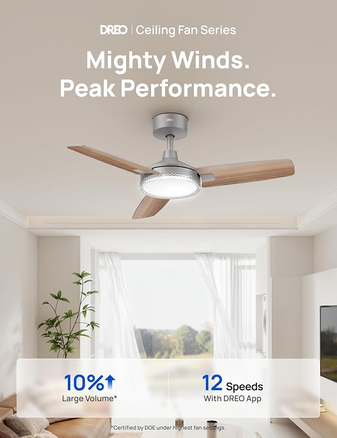 Smart Ceiling Fans with Lights, 42 Inch Grey Ceiling Fan, 12 Speeds & 3 Fan Modes, Stepless Color Tones, Dimmable LED Light
