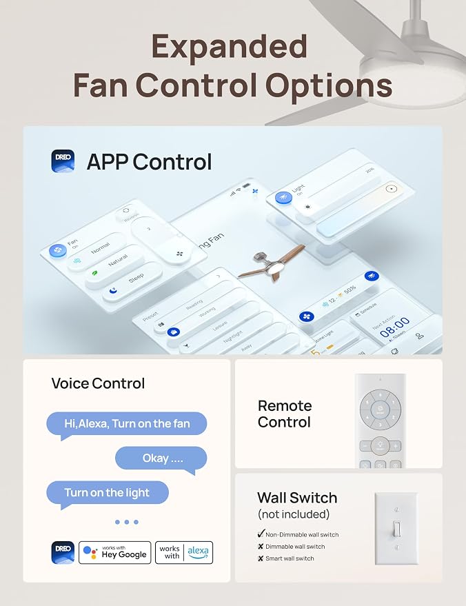 Smart Ceiling Fans with Lights, 42 Inch Grey Ceiling Fan, 12 Speeds & 3 Fan Modes, Stepless Color Tones, Dimmable LED Light