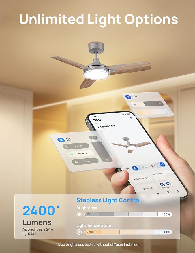 Smart Ceiling Fans with Lights, 42 Inch Grey Ceiling Fan, 12 Speeds & 3 Fan Modes, Stepless Color Tones, Dimmable LED Light