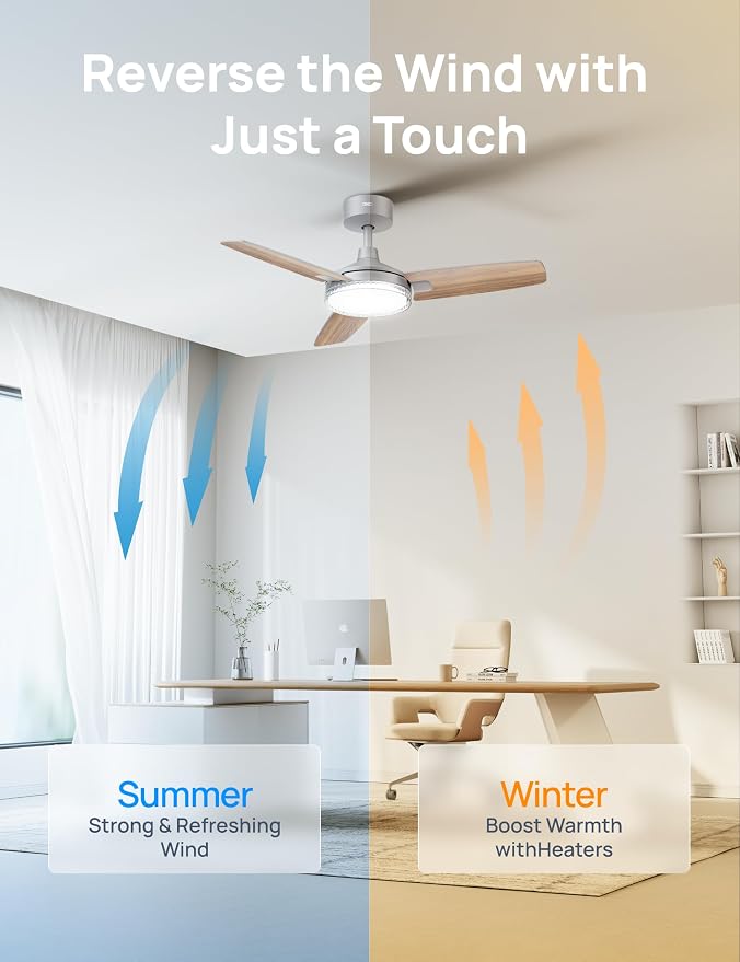 Smart Ceiling Fans with Lights, 42 Inch Grey Ceiling Fan, 12 Speeds & 3 Fan Modes, Stepless Color Tones, Dimmable LED Light