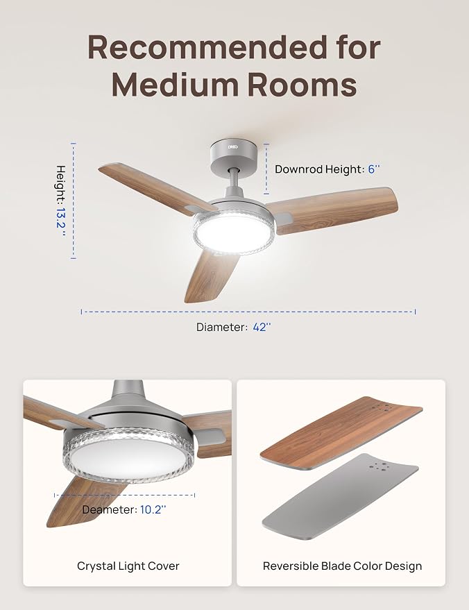 Smart Ceiling Fans with Lights, 42 Inch Grey Ceiling Fan, 12 Speeds & 3 Fan Modes, Stepless Color Tones, Dimmable LED Light