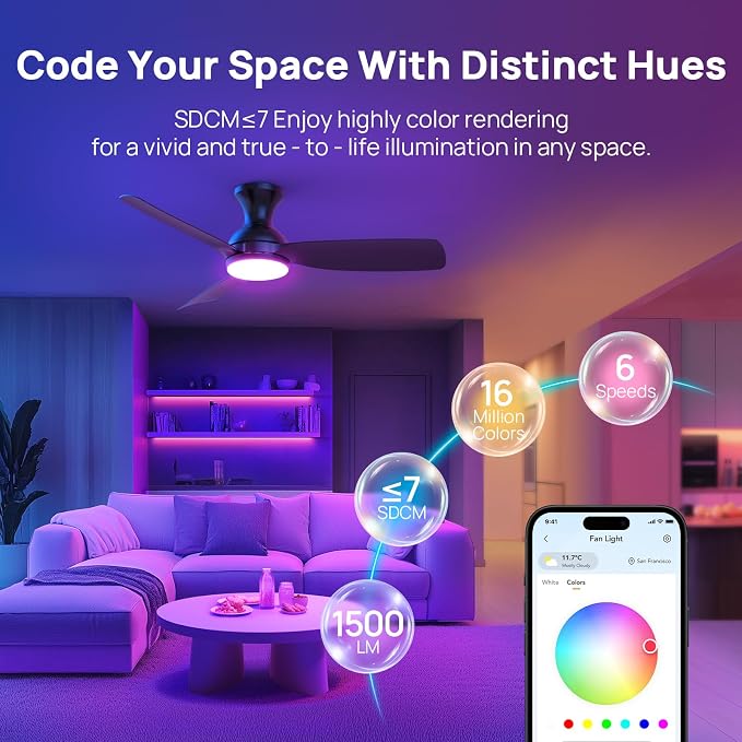 Smart Ceiling Fans with Lights, 44 inch Matter Ceiling Fan Compatible with Alexa, RGBCW Color Changing WiFi Bluetooth Group