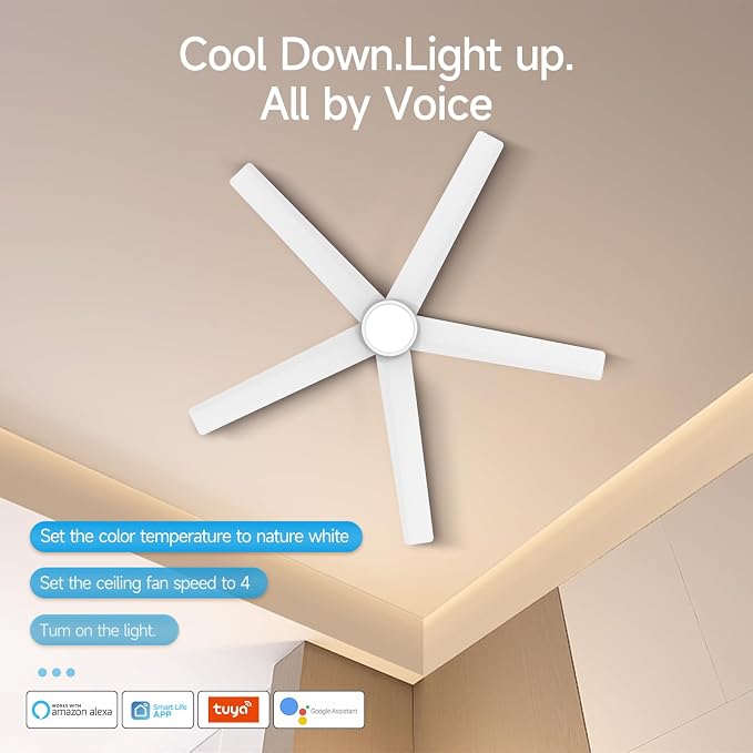 Smart Ceiling Fans with Lights,52 inch,Reversible Quiet DC Motor,Dimmable,White Ceiling Fan Compatible with Alexa Google home