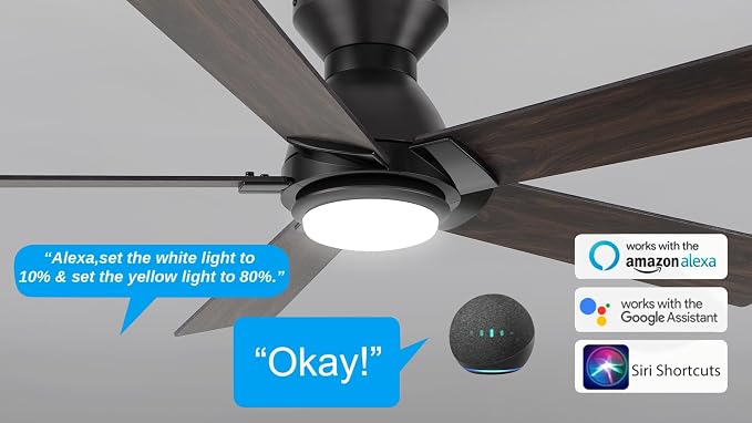 Smart Ceiling Fans with Lights Flush Mount 48”, 3 Light Colors Dimmable, 10 Speeds DC Ceiling Fan with Remote, alternate view