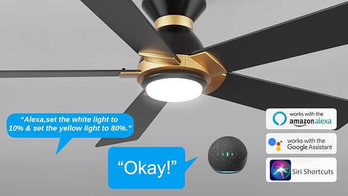 Smart Ceiling Fans with Lights Flush Mount 52”, 3 Light Colors Dimmable, 10 Speeds DC Ceiling Fan with Remote, Outdoor