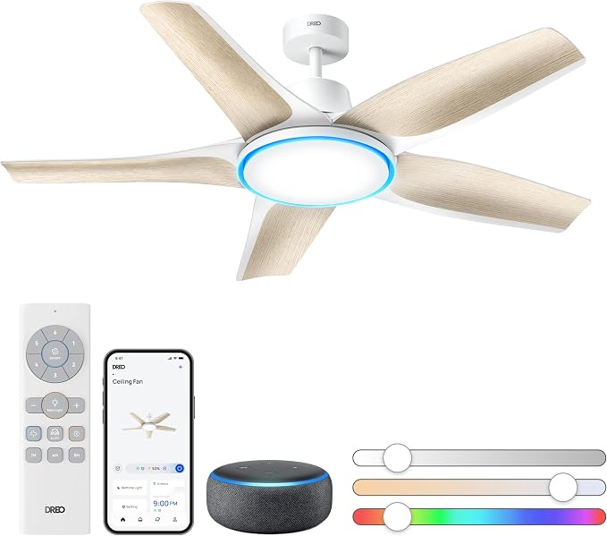 Smart Ceiling Fans with Lights, Low Profile Ceiling Fan with Alexa/App, 52'' Dimmable Lighting & Color Tuning, RGB Ambient