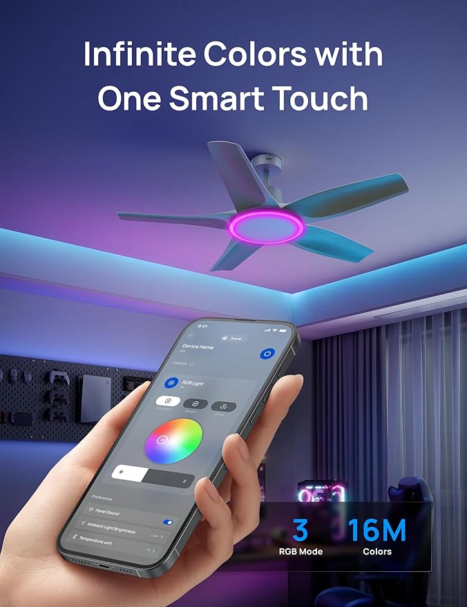 Smart Ceiling Fans with Lights, Low Profile Ceiling Fan with Alexa/App, 52'' Dimmable Lighting & Color Tuning, RGB Ambient