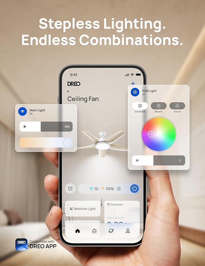 Smart Ceiling Fans with Lights, Low Profile Ceiling Fan with Alexa/App, 52'' Dimmable Lighting & Color Tuning, RGB Ambient