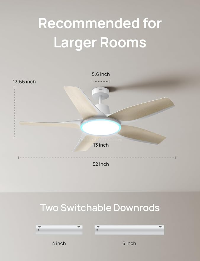 Smart Ceiling Fans with Lights, Low Profile Ceiling Fan with Alexa/App, 52'' Dimmable Lighting & Color Tuning, RGB Ambient