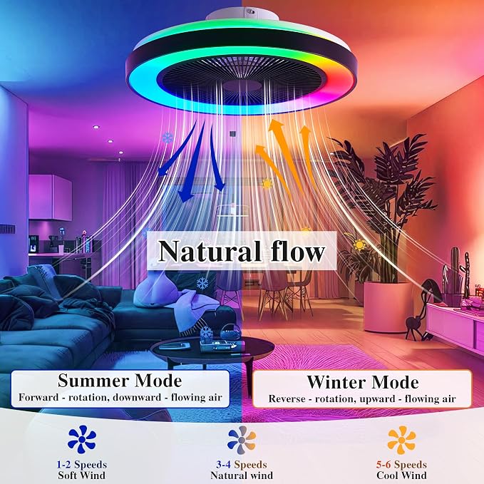 Smart Ceiling Fans with RGB Lights Remote - 20'' Flush Mount Low Profile Modern Ceiling Fans for Bedroom - Stepless Color