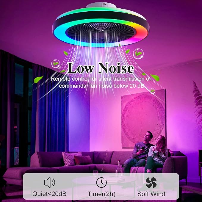 Smart Ceiling Fans with RGB Lights Remote - 20'' Flush Mount Low Profile Modern Ceiling Fans for Bedroom - Stepless Color