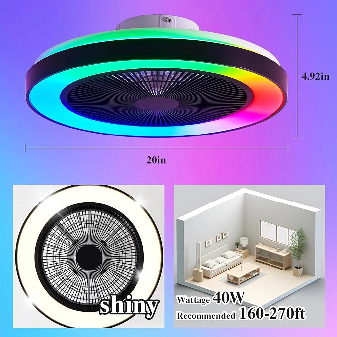 Smart Ceiling Fans with RGB Lights Remote - 20'' Flush Mount Low Profile Modern Ceiling Fans for Bedroom - Stepless Color