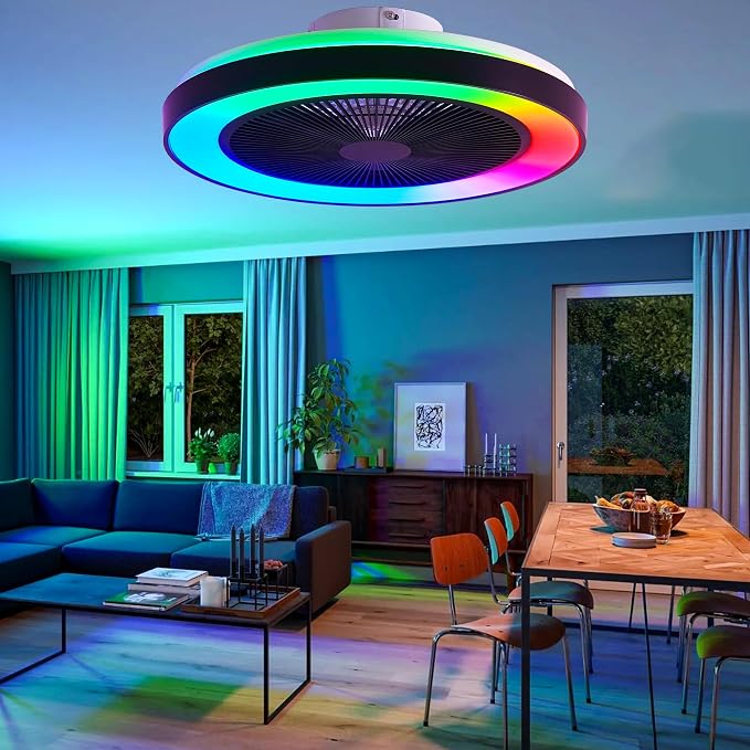 Smart Ceiling Fans with RGB Lights Remote - 20'' Flush Mount Low Profile Modern Ceiling Fans for Bedroom - Stepless Color
