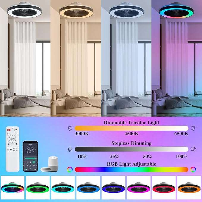 Smart Ceiling Fans with RGB Lights Remote - 20'' Flush Mount Low Profile Modern Ceiling Fans for Bedroom - Stepless Color