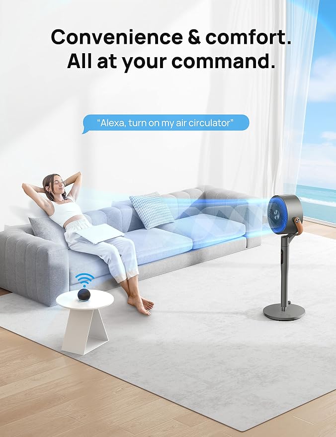 Smart Fan for Bedroom, 120°+105° Omni-directional Oscillating Standing Fans with Remote, 100ft Quiet Floor Fan for Room