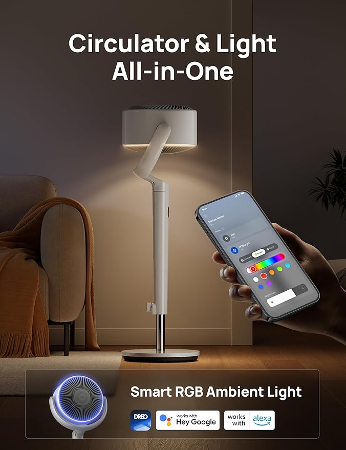 Smart Fan for Bedroom, 120° +120° Omni-Directional Oscillating Fans, 100ft Quiet Pedestal Fan with RGB Light, 9 Speeds, 6