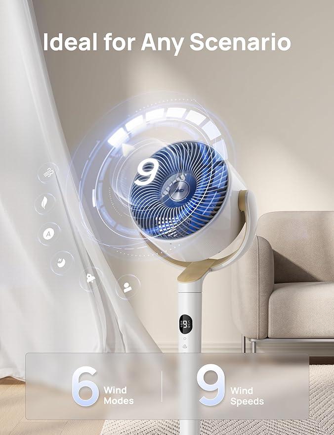Smart Fan for Bedroom, 120° +120° Omni-Directional Oscillating Fans, 100ft Quiet Pedestal Fan with RGB Light, 9 Speeds, 6