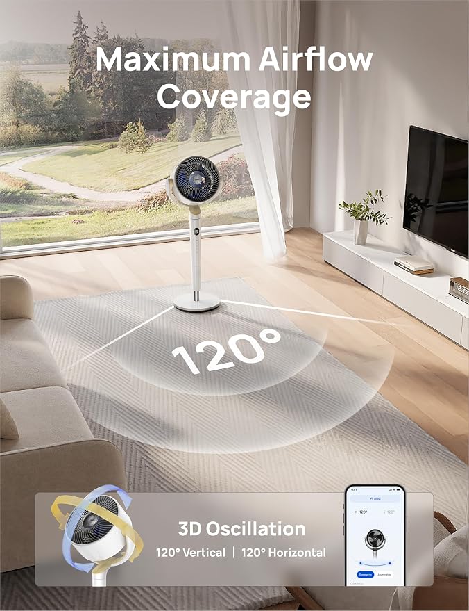 Smart Fan for Bedroom, 120° +120° Omni-Directional Oscillating Fans, 100ft Quiet Pedestal Fan with RGB Light, 9 Speeds, 6