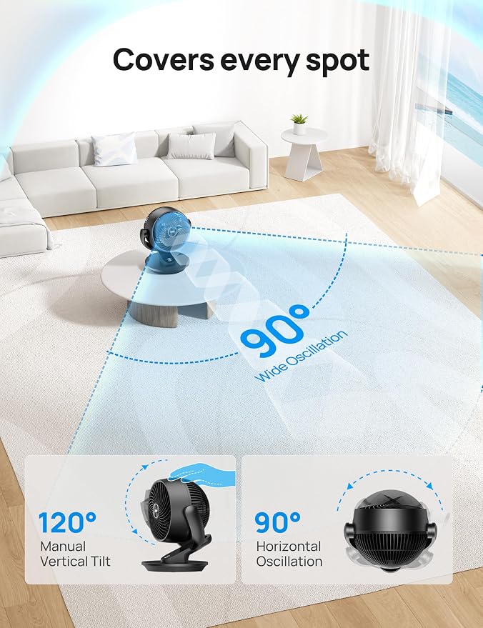 Smart Fan for Bedroom, 120° Vertical and 90° Oscillating Fan with Voice Control, 13 Inch Quiet Air Circulator for Whole Room