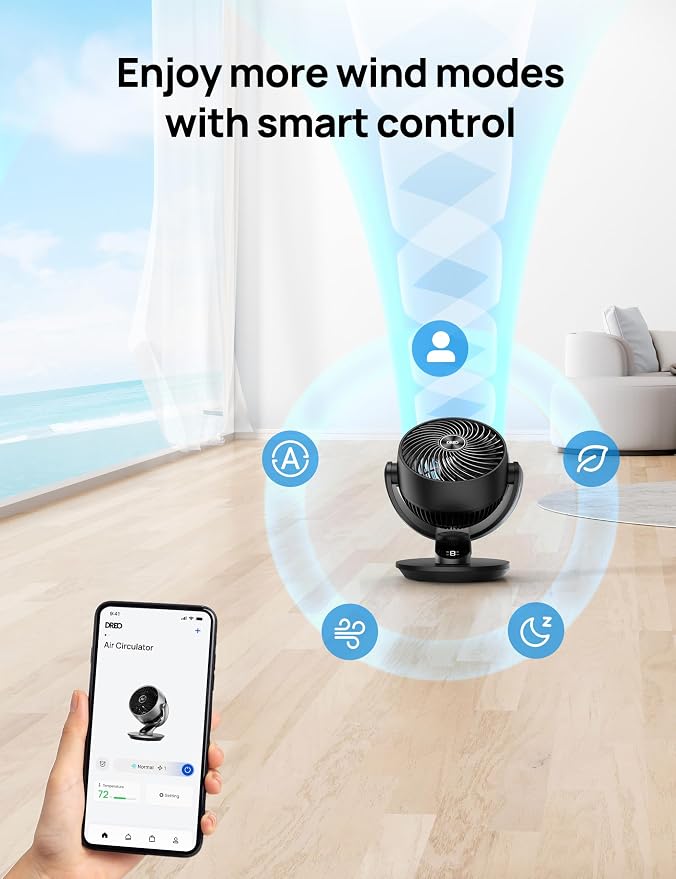 Smart Fan for Bedroom, 120° Vertical and 90° Oscillating Fan with Voice Control, 13 Inch Quiet Air Circulator for Whole Room