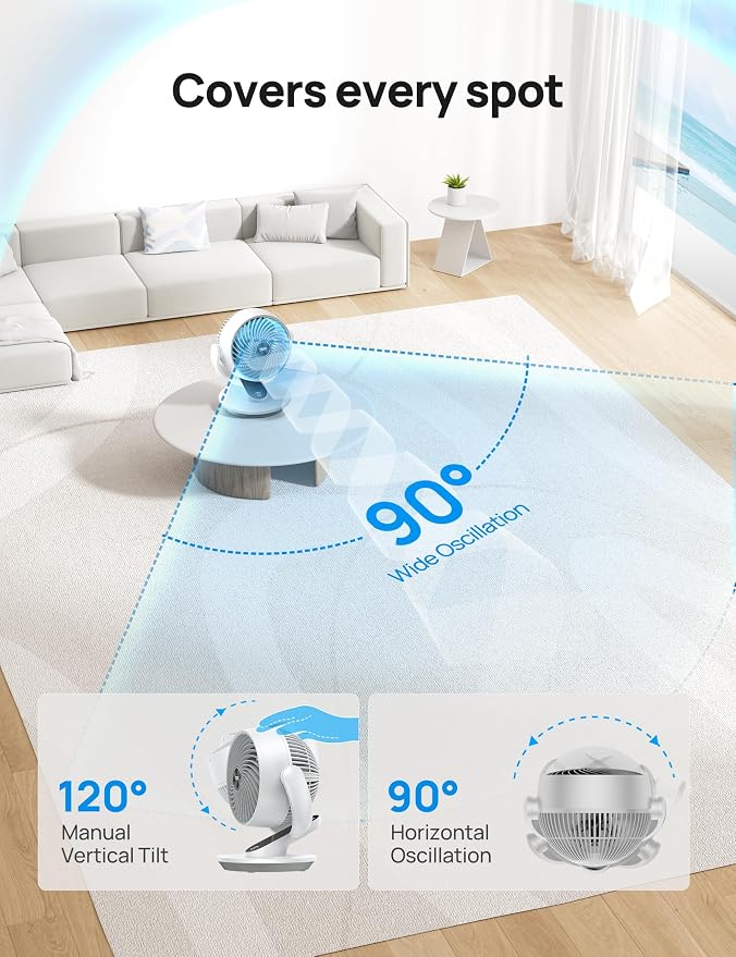 Smart Fan for Bedroom, 120° Vertical and 90° Oscillating Fan with Voice Control, 13 Inch Height Quiet Air Circulator for