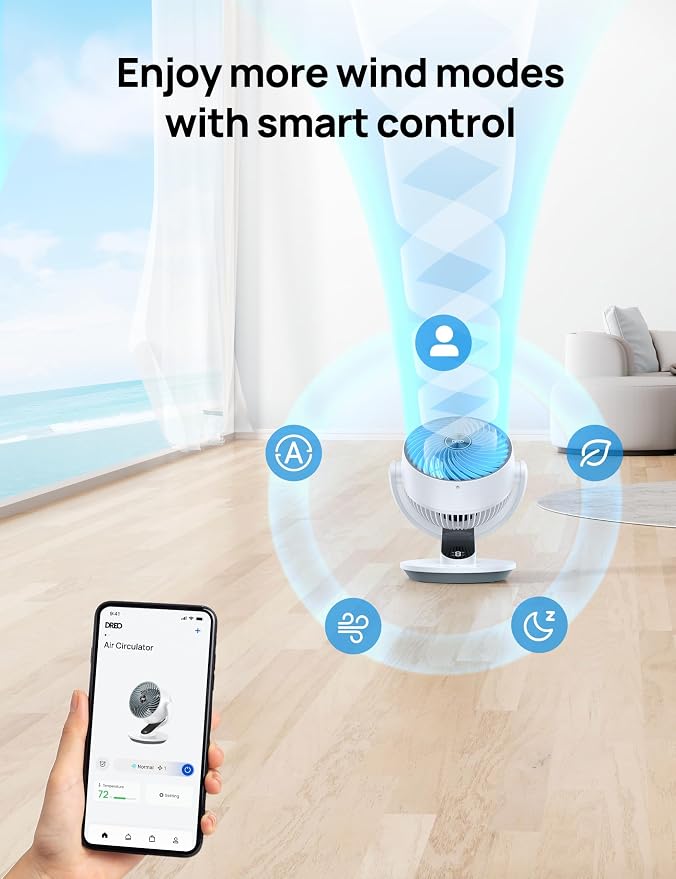 Smart Fan for Bedroom, 120° Vertical and 90° Oscillating Fan with Voice Control, 13 Inch Height Quiet Air Circulator for