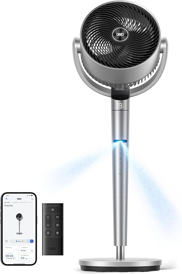 Smart Fan for Bedroom, Position-based Oscillation, 150°+120° 3D Oscillating Fan, 110ft Pedestal Fans with Wi-Fi/Voice/Remote