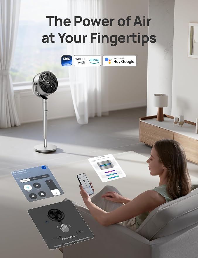 Smart Fan for Bedroom, Position-based Oscillation, 150°+120° 3D Oscillating Fan, 110ft Pedestal Fans with Wi-Fi/Voice/Remote