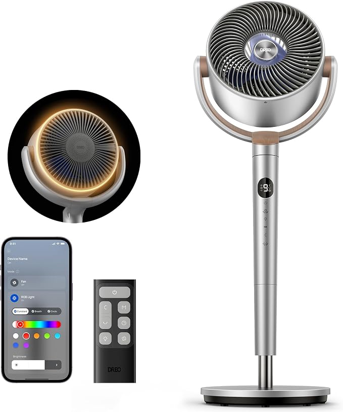 Smart Fans for Bedroom, 120° +120° Omni-Directional Oscillating Fan, 100ft Quiet Pedestal Fan with RGB Light, 9 Speeds, 6
