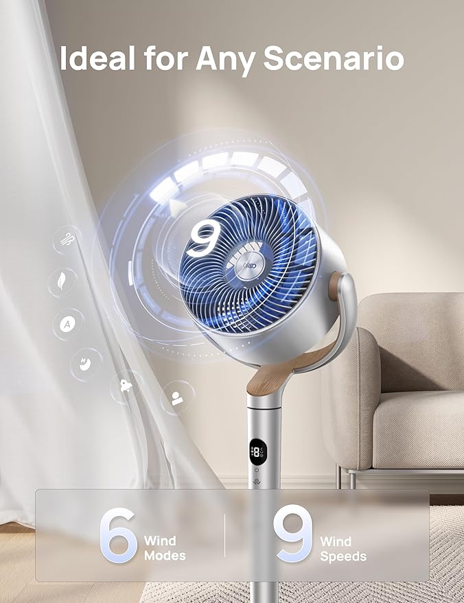 Smart Fans for Bedroom, 120° +120° Omni-Directional Oscillating Fan, 100ft Quiet Pedestal Fan with RGB Light, 9 Speeds, 6