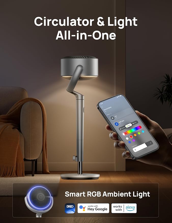 Smart Fans for Bedroom, 120° +120° Omni-Directional Oscillating Fan, 100ft Quiet Pedestal Fan with RGB Light, 9 Speeds, 6