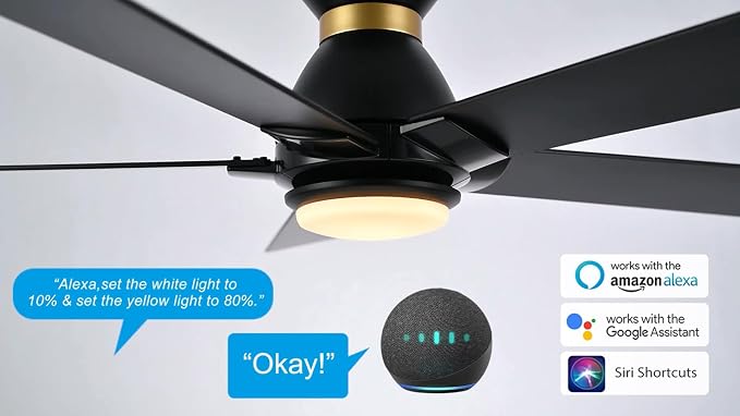 Smart Flush Mount Ceiling Fans with Lights 52”, 3 Light Colors Dimmable, 10 Speeds DC Ceiling Fan with Remote, Outdoor