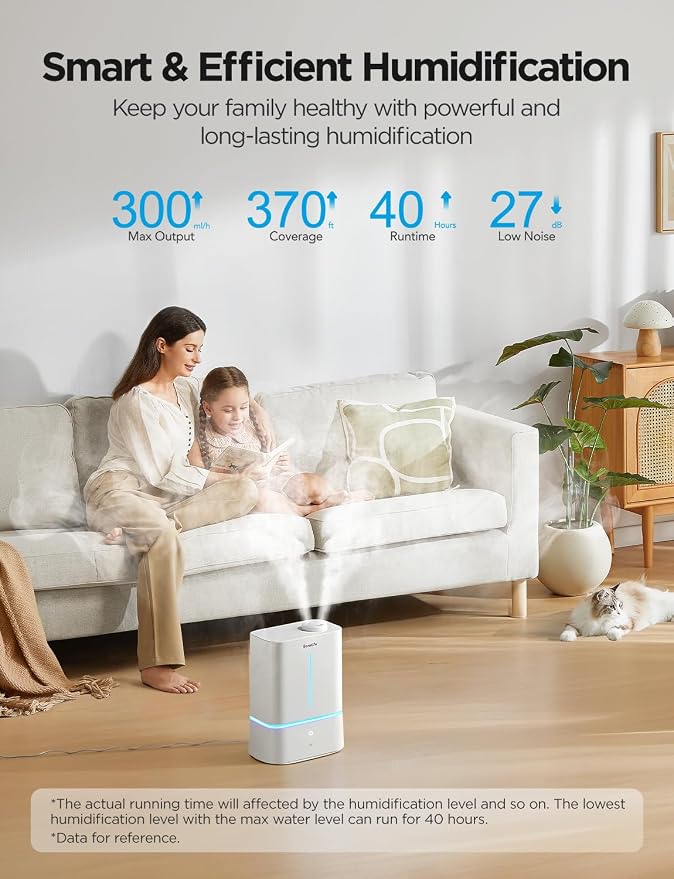 Smart Humidifiers for Bedroom, 4.5L Cool Mist Air Humidifiers with Scent Diffuser & Nightlight, 40H Runtime, Easy to Clean