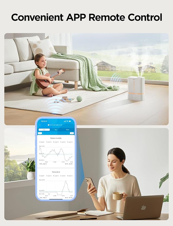 Smart Humidifiers for Bedroom, 4.5L Cool Mist Air Humidifiers with Scent Diffuser & Nightlight, 40H Runtime, Easy to Clean