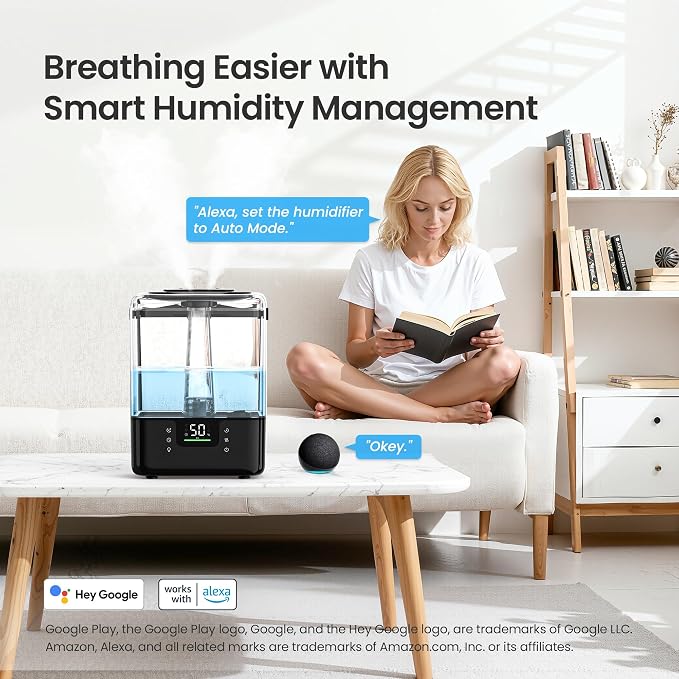 Smart Humidifiers for Bedroom Home, 6L Cool Mist Top Fill Humidifier Large Room with Essential Oil Diffuser, Touch/APP/Voice