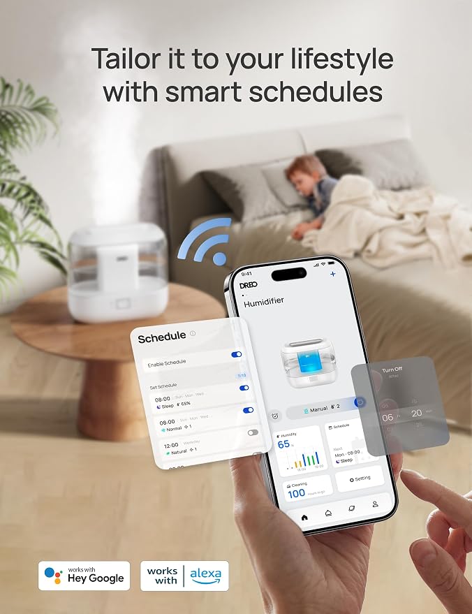 Smart Humidifiers for Bedroom, Top Fill 4L Supersized Humidifier Large Room with 28 dB, 36H Runtime, Touch/APP/Voice Control