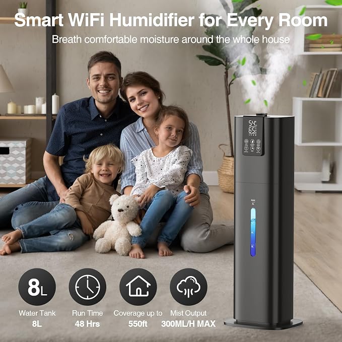 Smart Home, 2.11Gal(8L) Quiet Top Fill Cool Mist Humidifier, Smart App & Remote Control