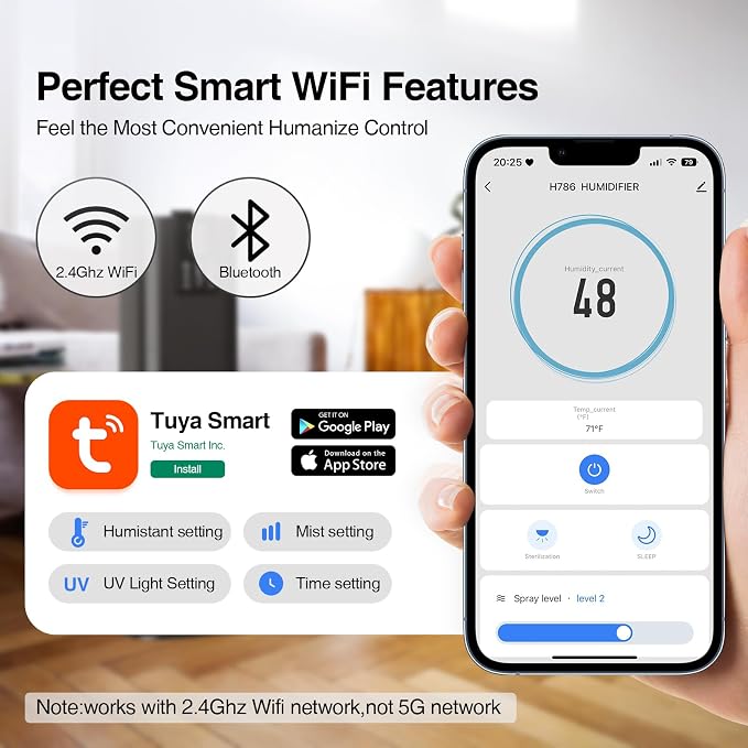 Smart Home, 2.11Gal(8L) Quiet Top Fill Cool Mist Humidifier, Smart App & Remote Control