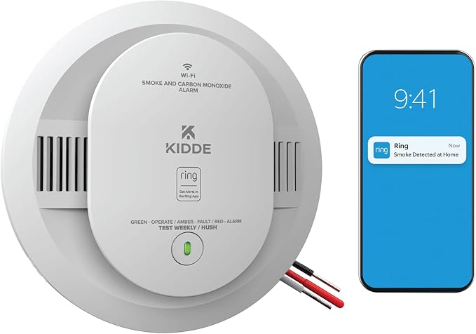 Smart Smoke and Carbon Monoxide Detector, Ring App Enabled for Real-Time Notifications, Hardwired Alarm, AA