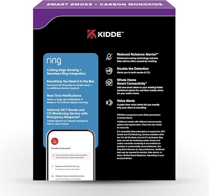 Smart Smoke and Carbon Monoxide Detector, Ring App Enabled for Real-Time Notifications, Hardwired Alarm, AA, alternate view