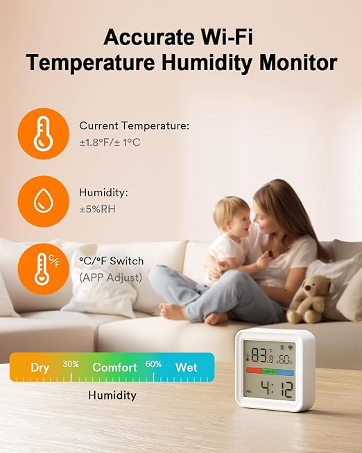Smart Thermometer Hygrometer, WiFi & Bluetooth Indoor Temperature Humidity Sensor with App Alert, Led Display, Free Data