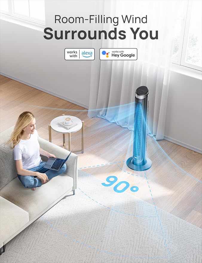 Smart Tower Fan for Bedroom, 90° Oscillating 40" Standing Fan, 26ft/s High-Speed 5 Speeds 4 Modes, Quiet Room Floor Fans