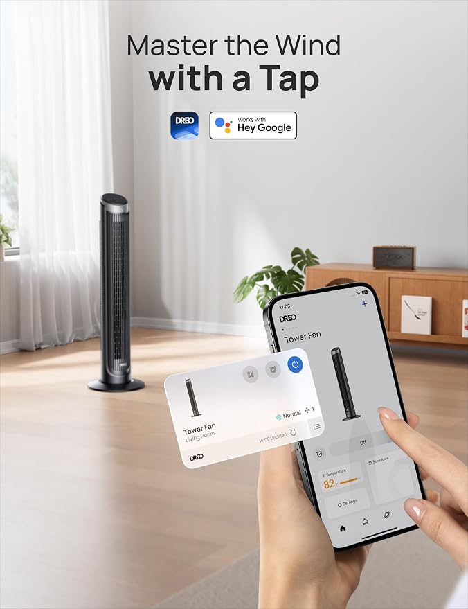 Smart Tower Fan for Bedroom, 90° Oscillating 40" Standing Fan, 26ft/s High-Speed 5 Speeds 4 Modes, Quiet Room Floor Fans