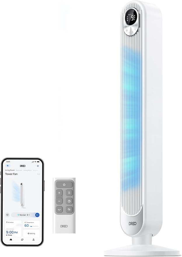 Smart Tower Fan for Bedroom, Floor Standing Bladeless Oscillating Fan with Remote, 9 Speeds, 4 Modes, 12H Timer, for Indoor