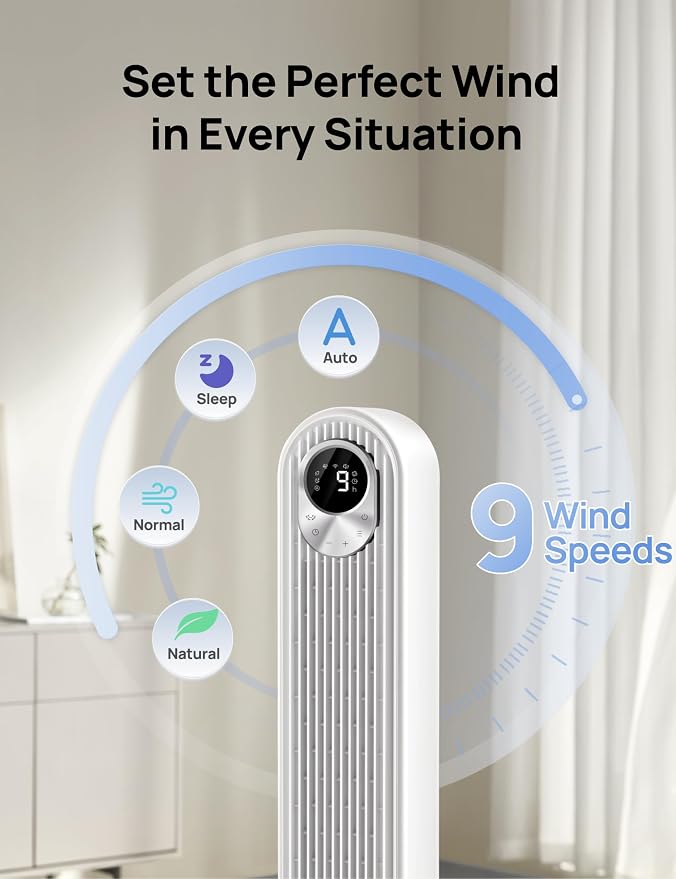 Smart Tower Fan for Bedroom, Floor Standing Bladeless Oscillating Fan with Remote, 9 Speeds, 4 Modes, 12H Timer, for Indoor