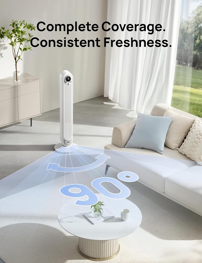 Smart Tower Fan for Bedroom, Floor Standing Bladeless Oscillating Fan with Remote, 9 Speeds, 4 Modes, 12H Timer, for Indoor